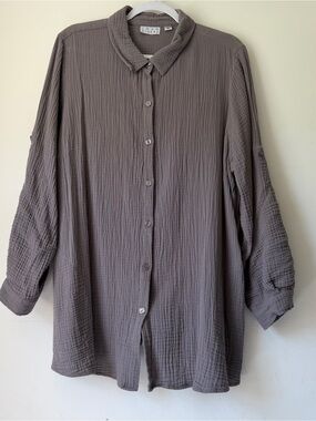 Joan Rivers XL Cotton Gauze Button Down Shirt Tunic in Mauve